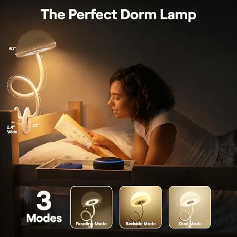 Shroommate Dorm Room Essential Clip On Bed Light - Headboard and Bedside Table Lamp, Flexible Reading Lamp, Night Light for Nur view 2