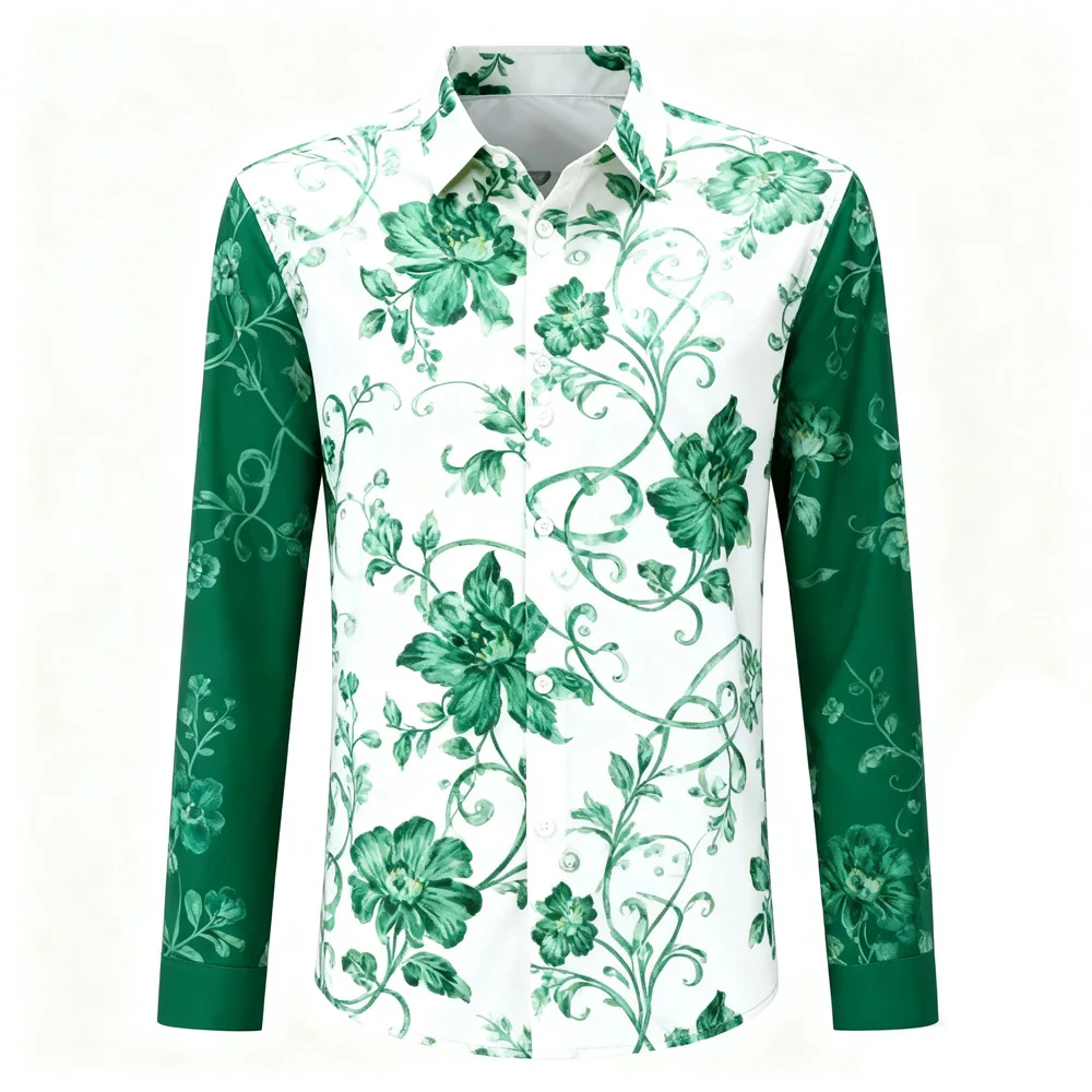 

New Men's Plant Leaf Red Maple Leaf Xmas Shirt Long Sleeve Lapel Button Business Casual Formal Top Designer Luxury Clothing