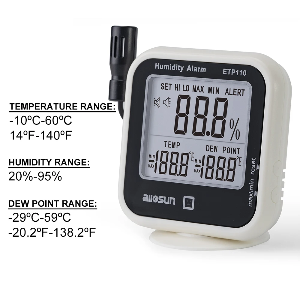 Imagem -03 - All-sun Etp110 Digital Thermo-higrômetro Medidor de Ponto de Orvalho com Função de Alarme de Umidade Termômetro de Alta Precisão Medidor de Umidade