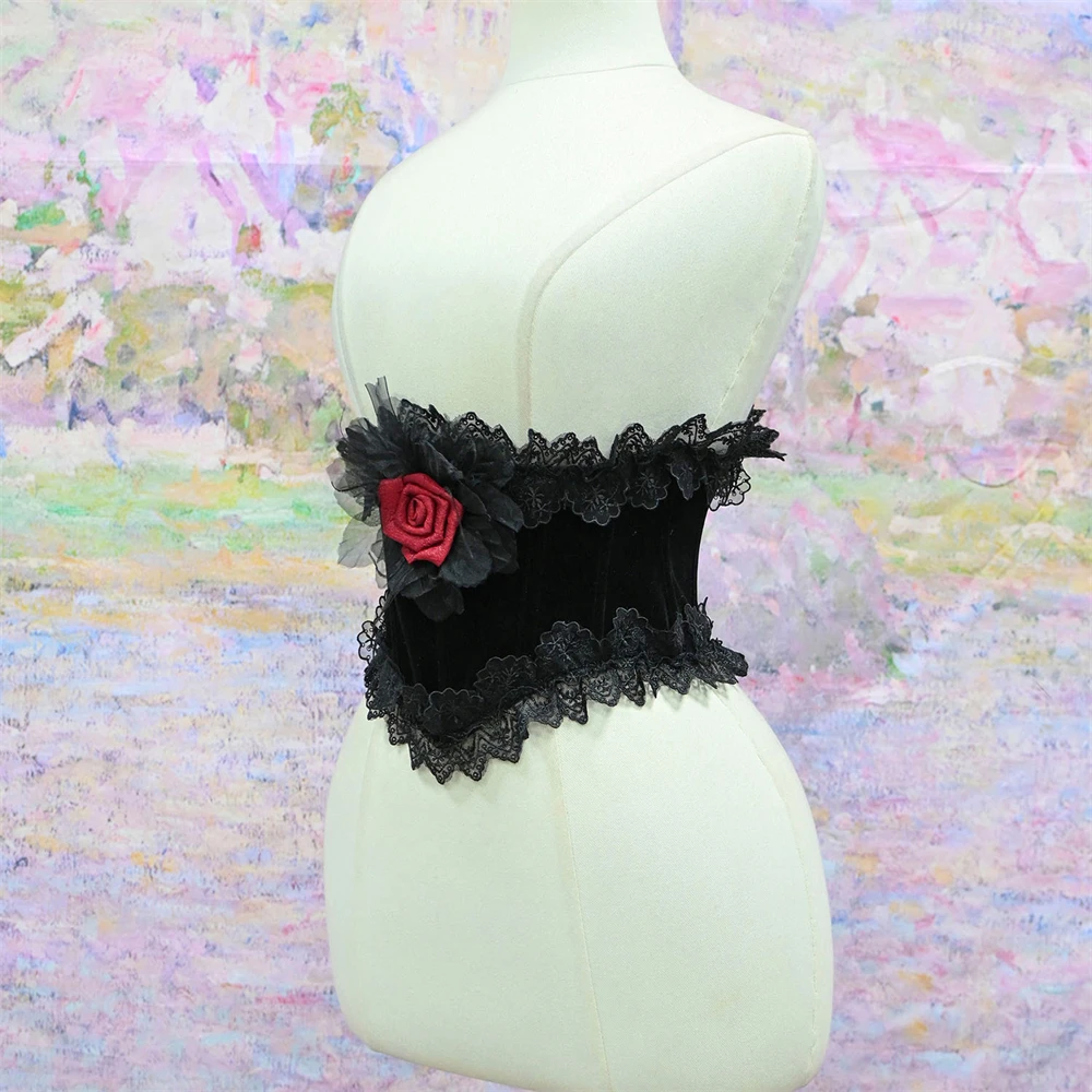 Women High Quality Underbust Corset Top Vintage Black Lace Rose Decoration Fishbone Waist Trainer Shaper Bodice Belt