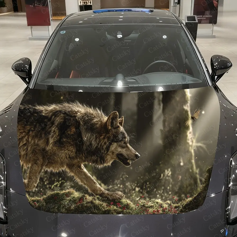 

Misty Forest Mossy Tundra Lone Wolf Car Vinyl Wrap, PVC Waterproof Car Hood Sticker, Self-Adhesive Scratch-Resistant Stickers