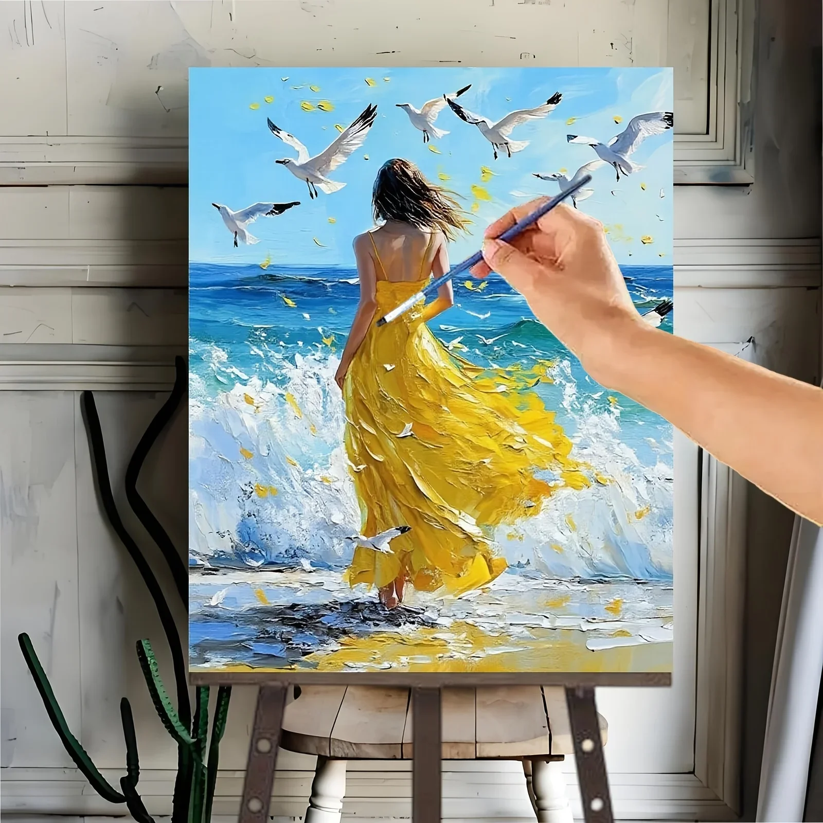 Professional Art Use 1pc Paint by Numbers Kit, Woman in Yellow Dress Chasing Waves on The Beach with Seagulls Dancing, Beautiful