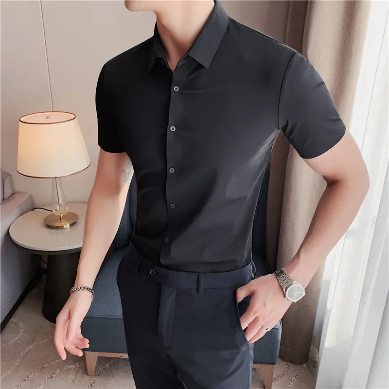 High elasticity Men Shirt Short sleeve 2024 Summer Anti-wrinkle Soft Thin Solid Casual Slim Fit Formal Dress Shirt Men Clothing