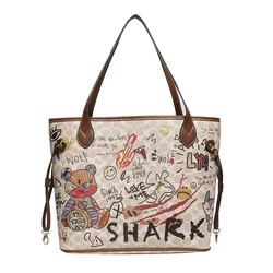 Graffiti Bear Print Tote Women Handbag Fashion Leather Shoulder Bag New Large Capacity Business Commute Crossbody Hobos Big Bag