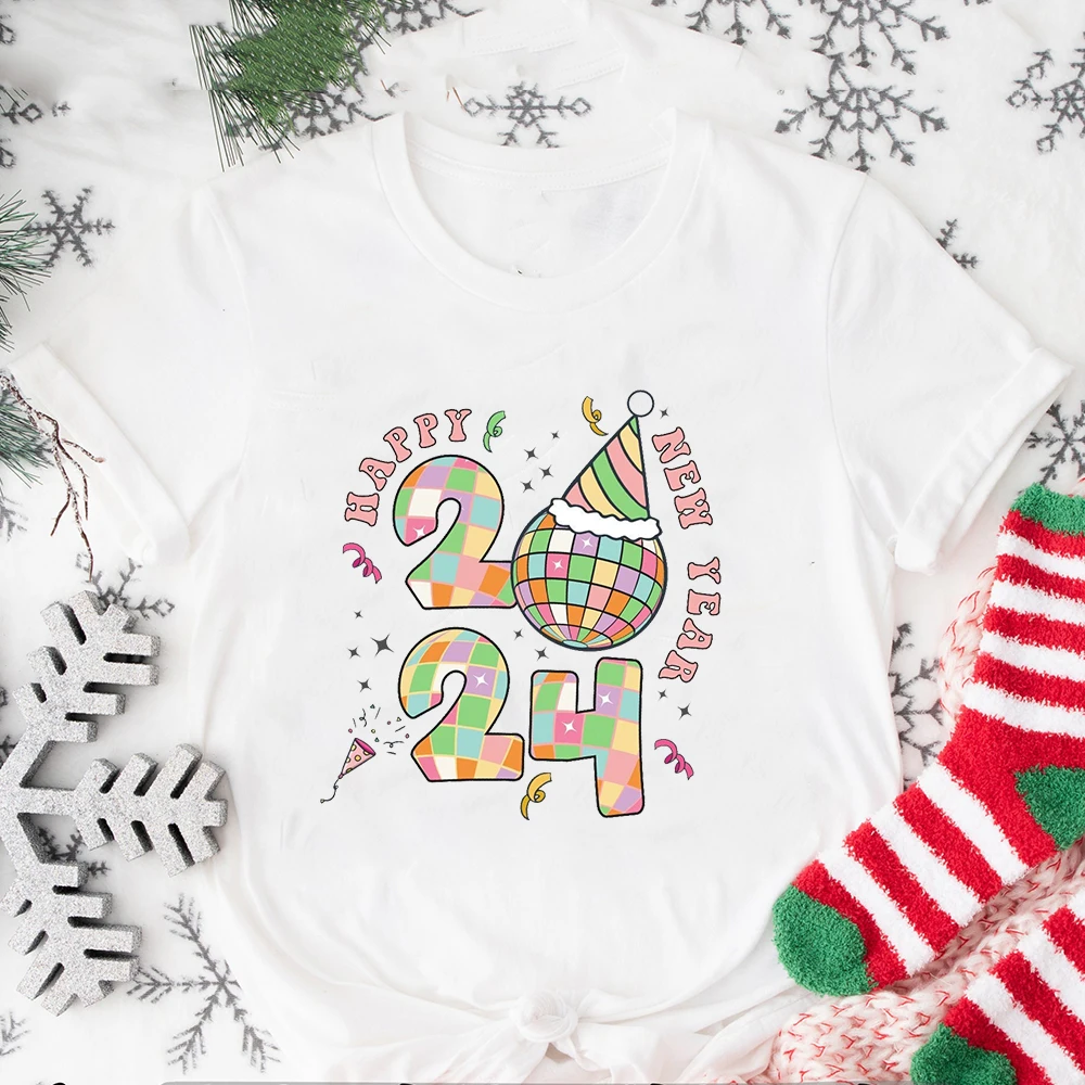 Happy New Year 2024 Trendy Women T-shirt Groovy New Year 2024 Tshirt Christmas Gift Christmas Gift New Year Party Tee