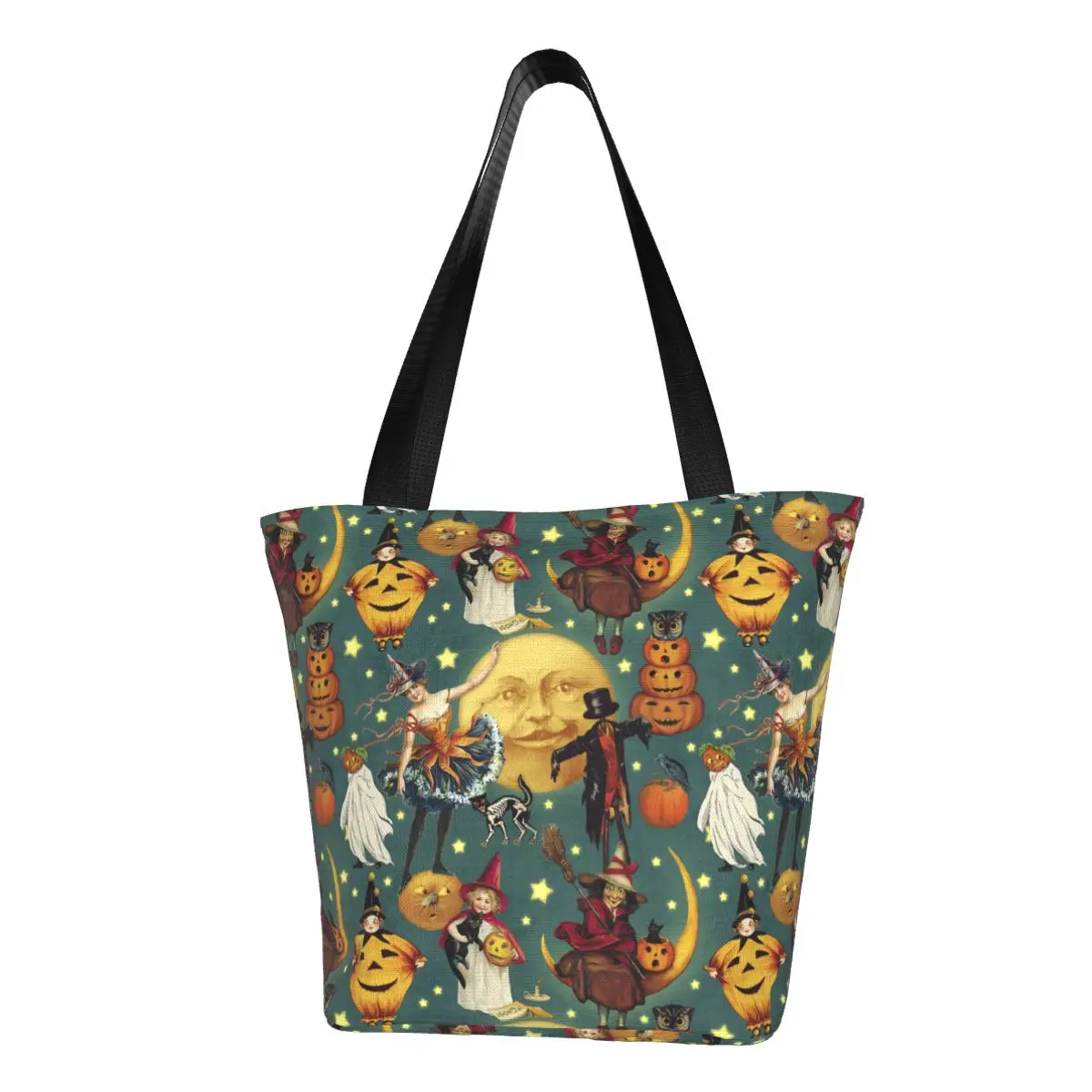 

Винтажные Хэллоуин призраки ведьмы скелет кошки коллаж холщовая сумка для покупок женские прочные продуктовые сумки-тоут