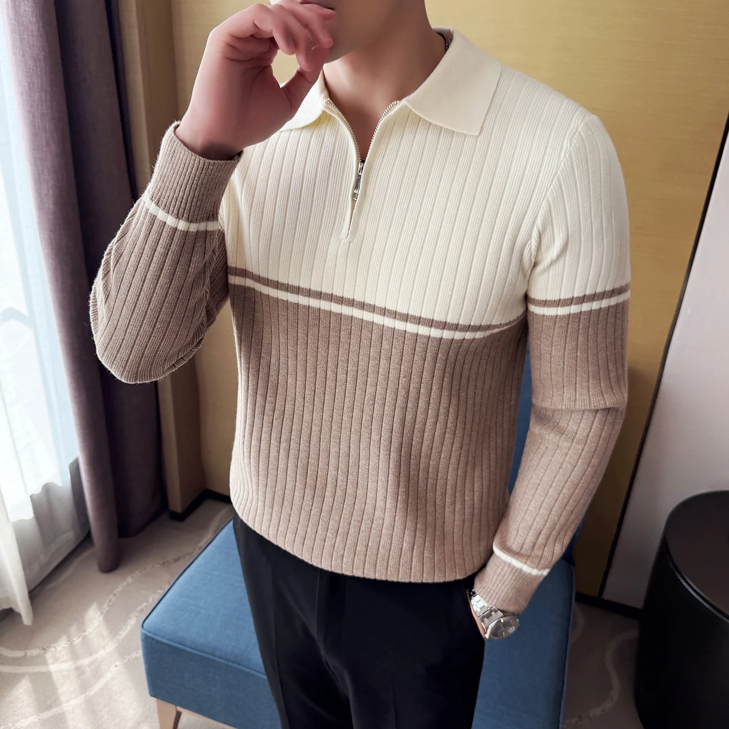 Otoño Invierno suéter de solapa para hombres tendencia Casual negocios Polo suéter con cuello contraste Color Patchwork suéteres ropa de hombre