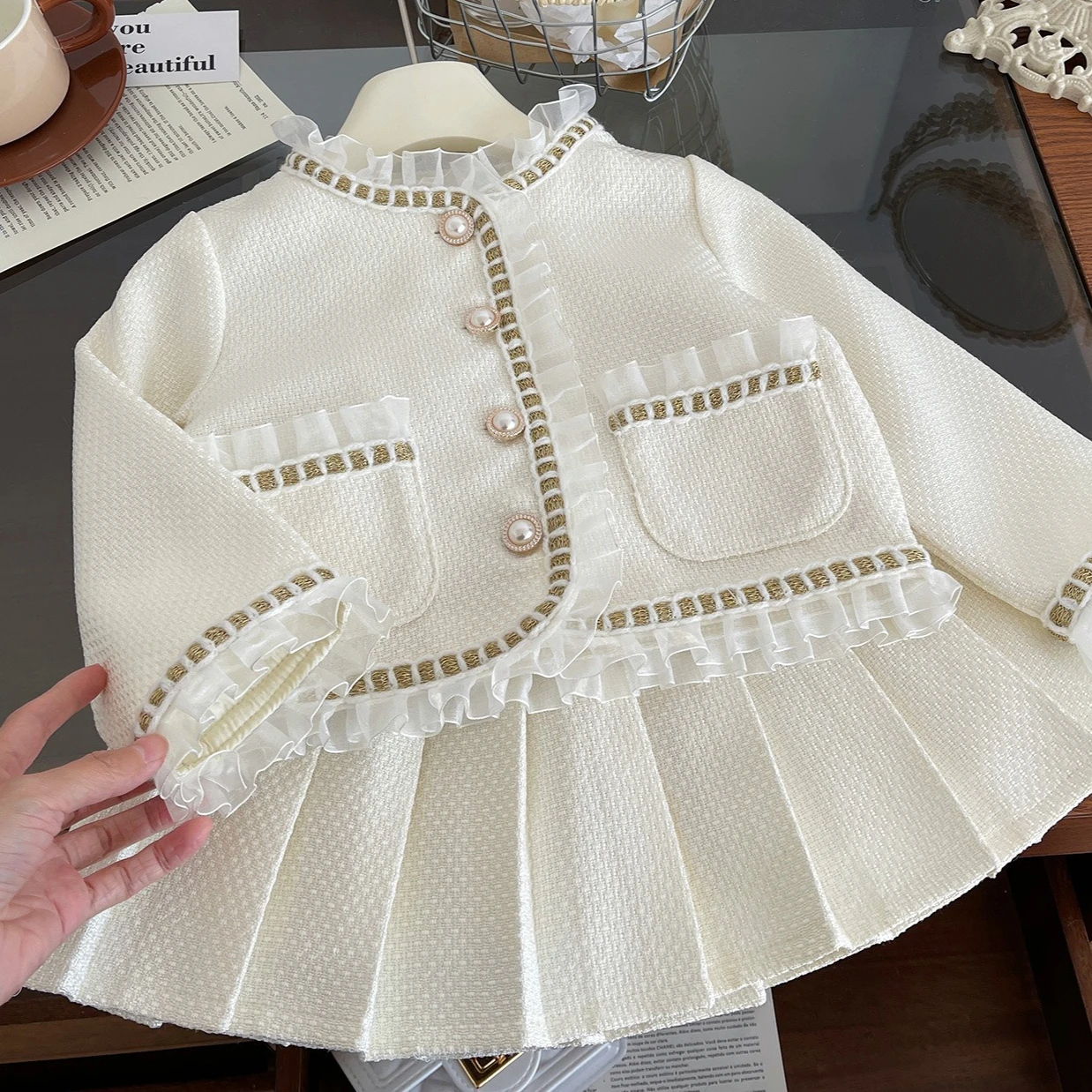 

Girls Suit 2025 Autumn and Winter New Children's Clothing Korean Style Girl Baby Temperament Lace Coat Pleated Skirt Two Sets