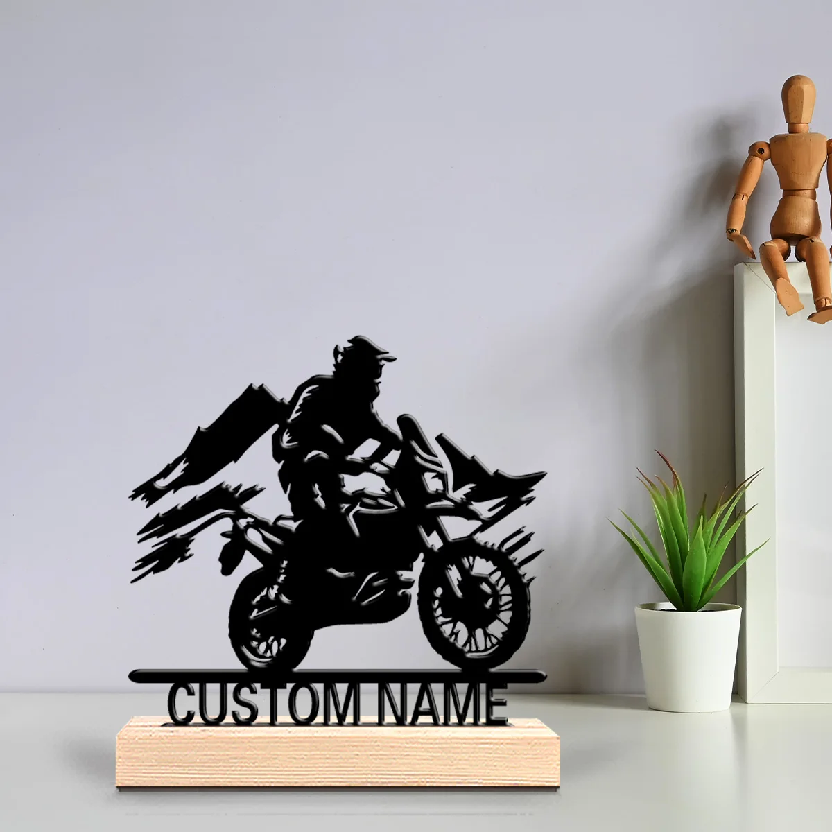 1pc Creative Motorbike Kid Custom Name Tin Statue Metal Ornament Art Crafts With Wood Base Tin Sculpture For Girl Gifts