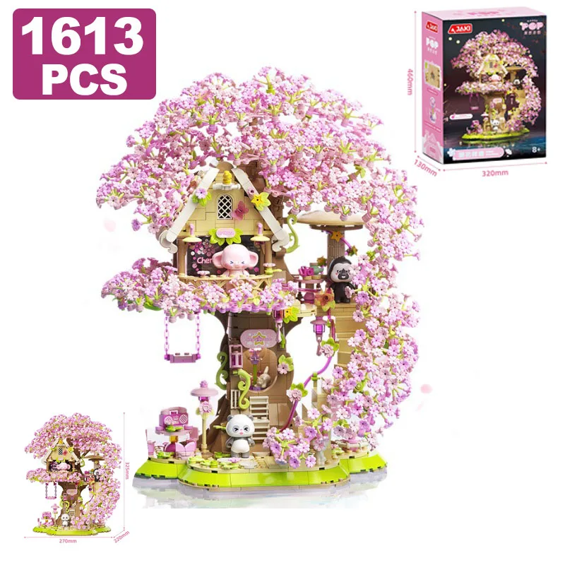 

1613 шт., городская уличная сцена, дом на дереве Сакуры, строительные блоки, MOC, светодиодный светильник, музыка, романтическое украшение, модель, кирпичи, игрушки, подарок для девочек