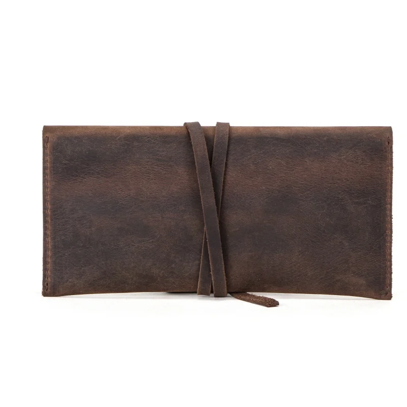 Handmade Crazy Horse Leather Pen Bag Retro Vintage Portable Tobacco Pipe Bag with Wrap Cord