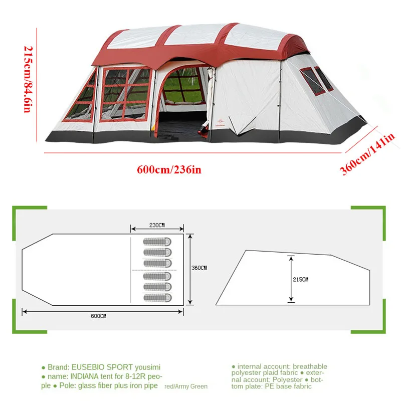 Imagem -06 - Double Layer Outdoor Tent Família 10 12 Pessoas Quartos Uma Sala Forma de Casa Team Camping Indoor Relief Tent