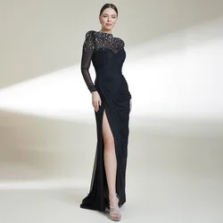 Black Evening Dress Long Sleeves Mermaid/Trumpet Luxury  Gowns Crystal O Neck Side Slit Elegant Wedding Guest  2023