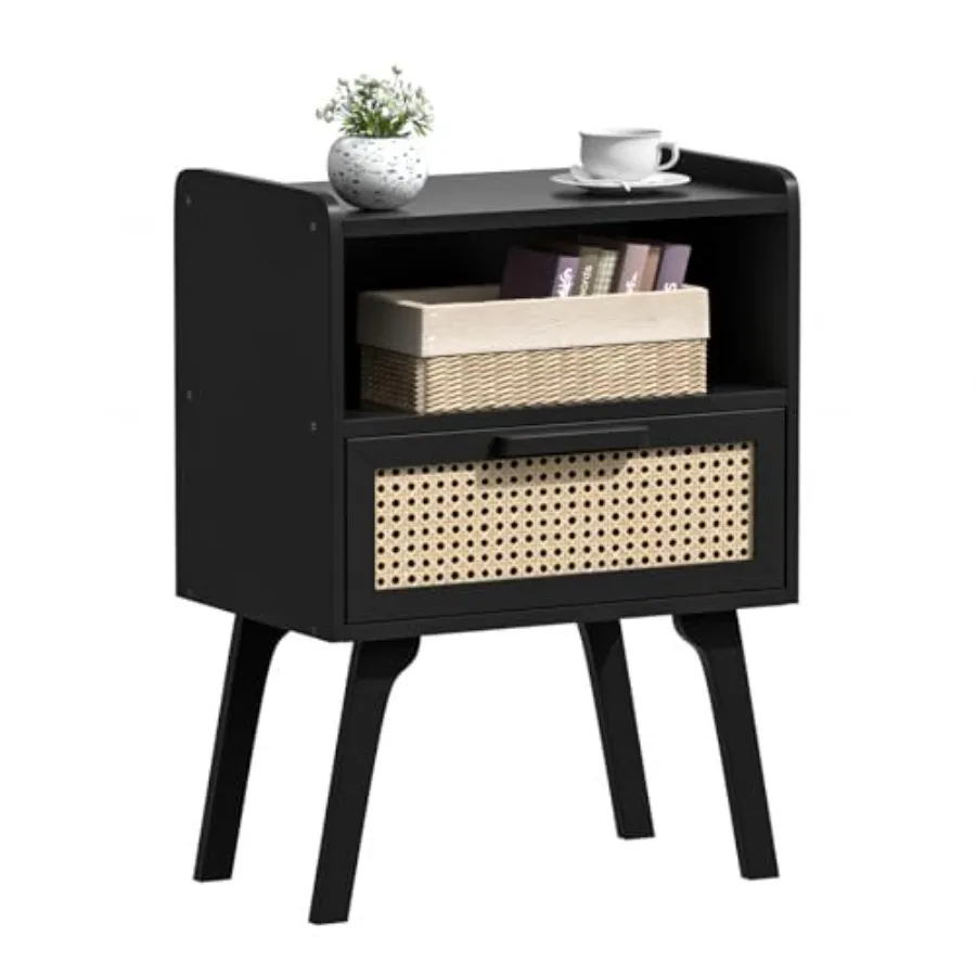 

Rattan Nightstand Bedside Table with Drawer Open Shelf Cane Accent Side End Table with Solid Legs Mid Century Night Stand for B