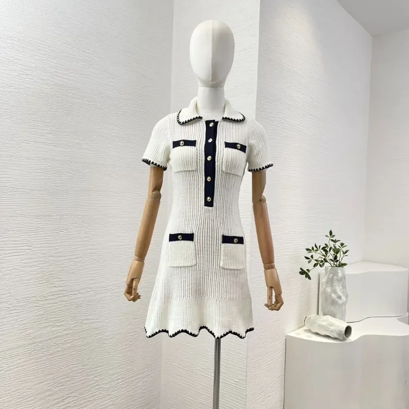 Women's Mini Dress Ivory White Contrasting Colors Hand Crochet Edge Knitting New High Quality 2024