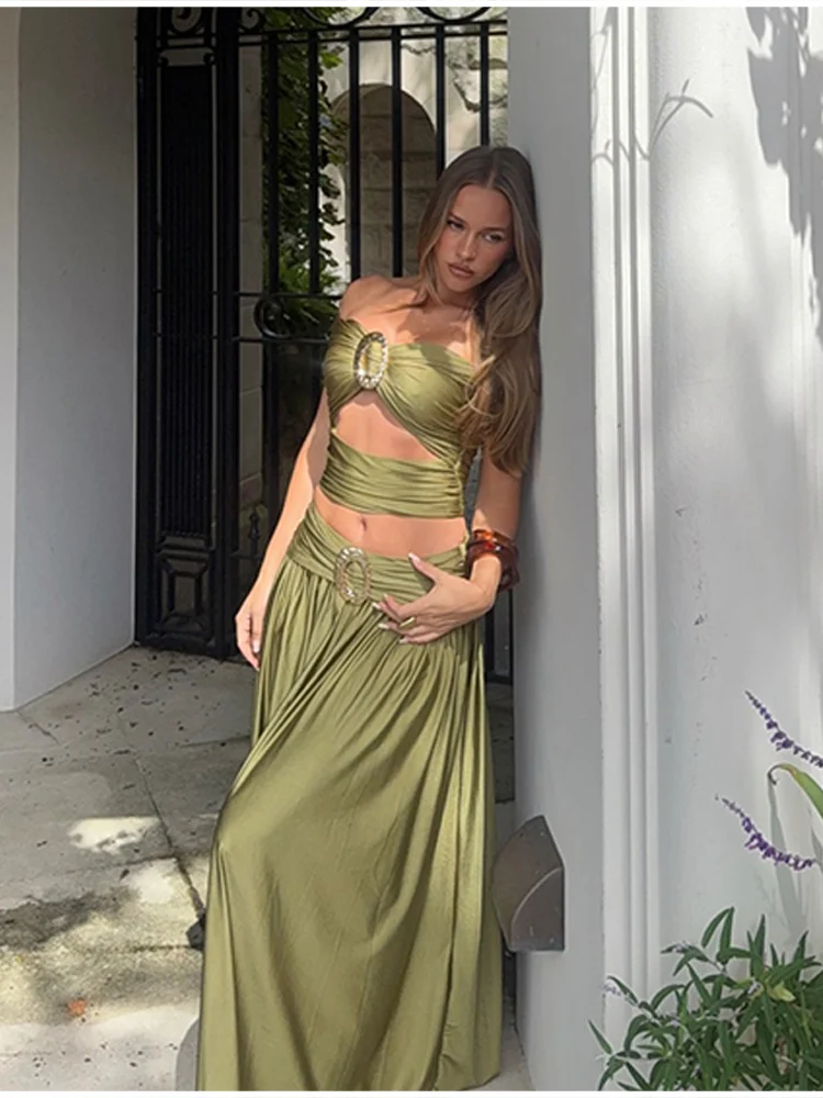 

Chic Elegant Two Piece Set Off Shoulder Ruched Crop Top Maxi Skirt Women Spring Summer Beach Casual Vocation Party Outfits