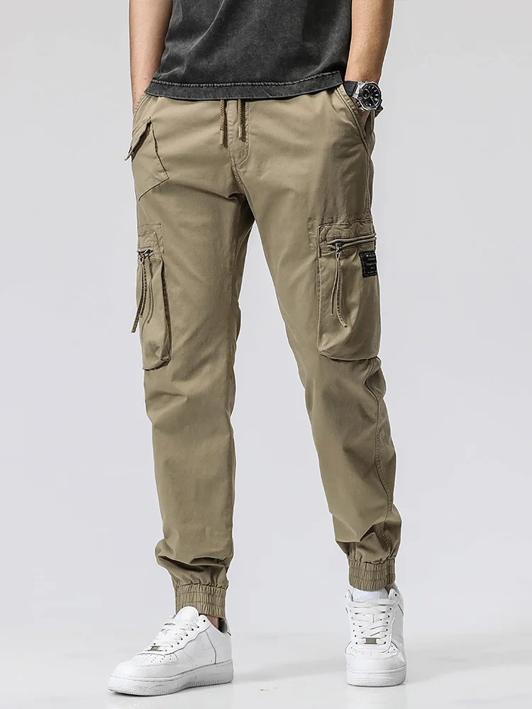 Spring Summer Khaki Cargo Pants Men Streetwear Multi-Pockets Joggers Army Military Style Solid Cotton Casual Tactical Trousers