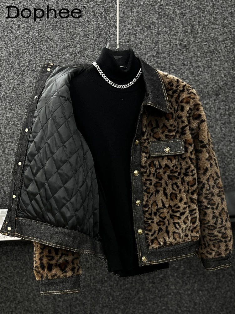 High-end Imitation Mink Hair Small Fragrant Coats Men's 2024 Winter Cotton Retro Denim Splicing Leopard Print Plush Thick Jacket