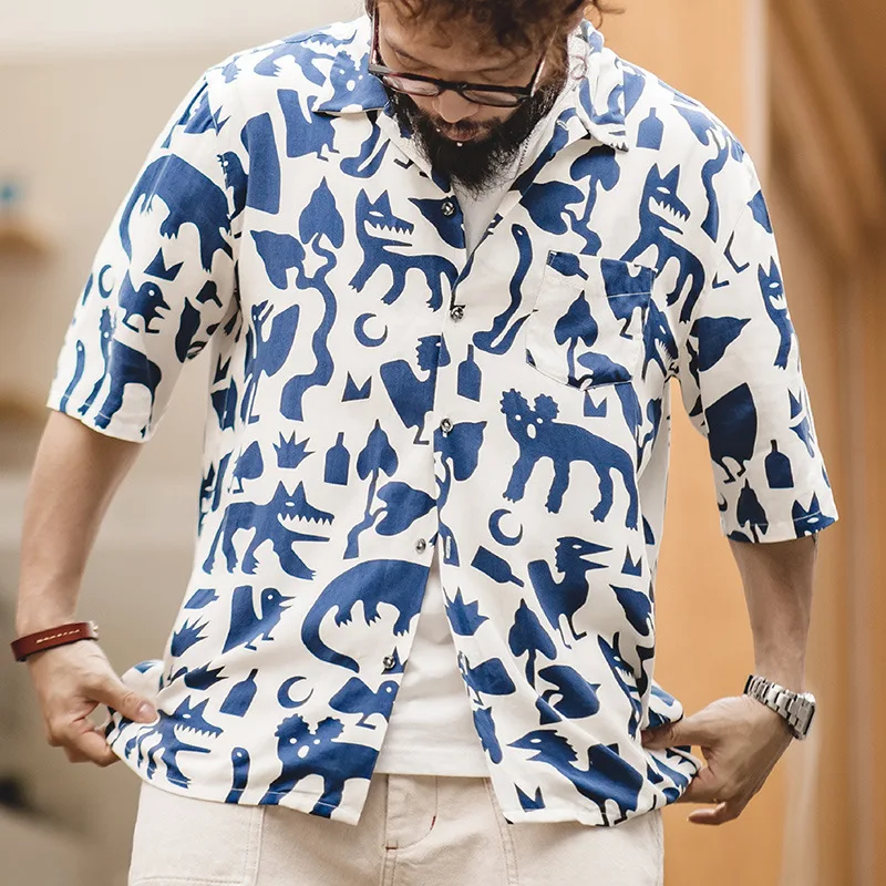 Madden Workwear_American Retro Indian Totem Flower Shirt Cuban Collar Graffiti Short Sleeve Beach Shirt Men's Summer