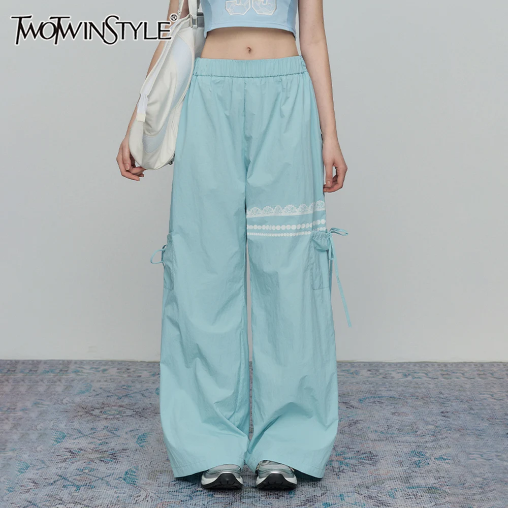 

TWOTWINSTYLE Hit Color Spliced Lace Up Pant for Women High Waist Temperament Minimalist Pant Female Fashion Style
