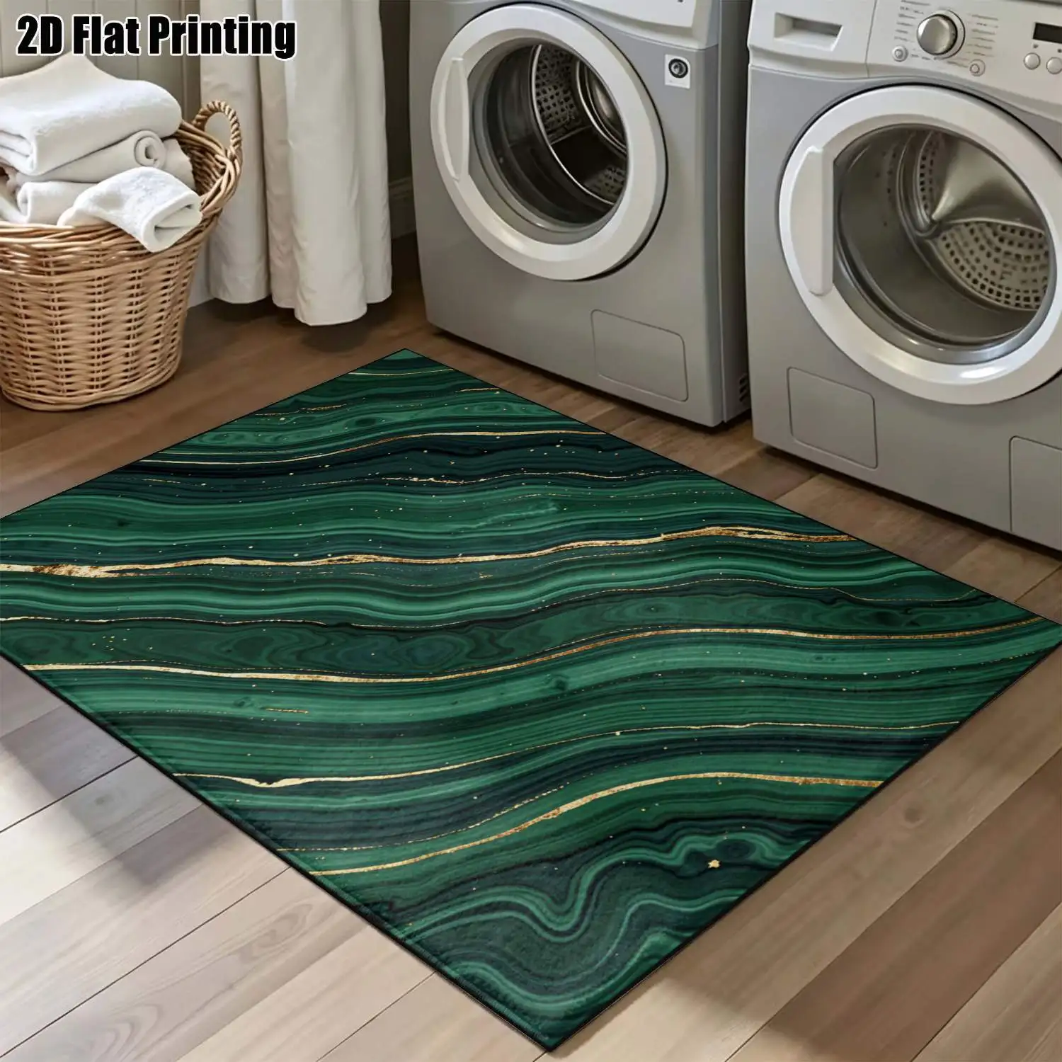 1Pc 2D Printed Dark Green Gold Wave Texture Carpet: Modern Minimalist, Instagram/Nordic Style, Multi-Size, Machine Washable, Ideal for Home Decor & Various Mats