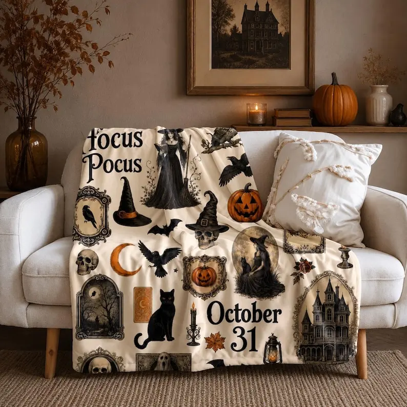 Vintage Halloween Fleece Blanket, Halloween Throw Blanket, Soft Spooky Blanket, Gothic Halloween, Autumn Decor, Witch Blanket, Witch Decor