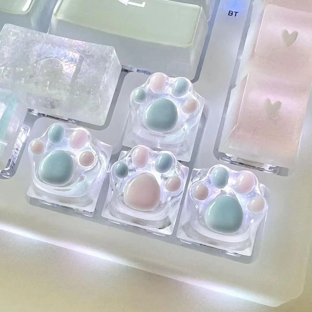 1/4 Pcs Cute Translucent Cat Paw Keycap Resin Pink Blue Mechanical Keyboard Key Cap DIY Cartoon ESC WASD Keycaps