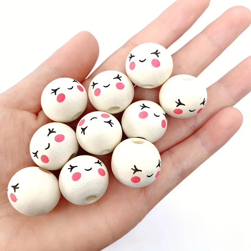 30pcs 20mm 0.78inch Round Wooden Beads Smiling Face Eyelash Wood Beads for DIY Decorative Bags Make Tassel DIY Crafts