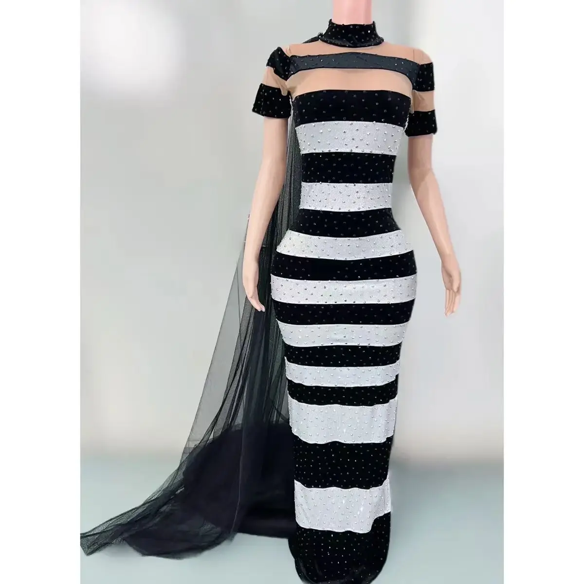 

Full Diamond Slimming Color blocked Long Dress Bar DJ Nightclub Female Singer Dance Team Performance Clothing Party Theme Show