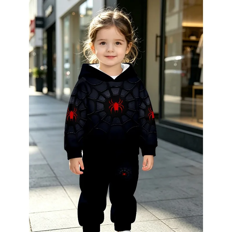 Unisex Toddler Hooded Jogger 2Pcs Tracksuit, 3D Red Spider Web, Striped Lion, Full CB Cool Boy Letter Print Kids Casual Outfit