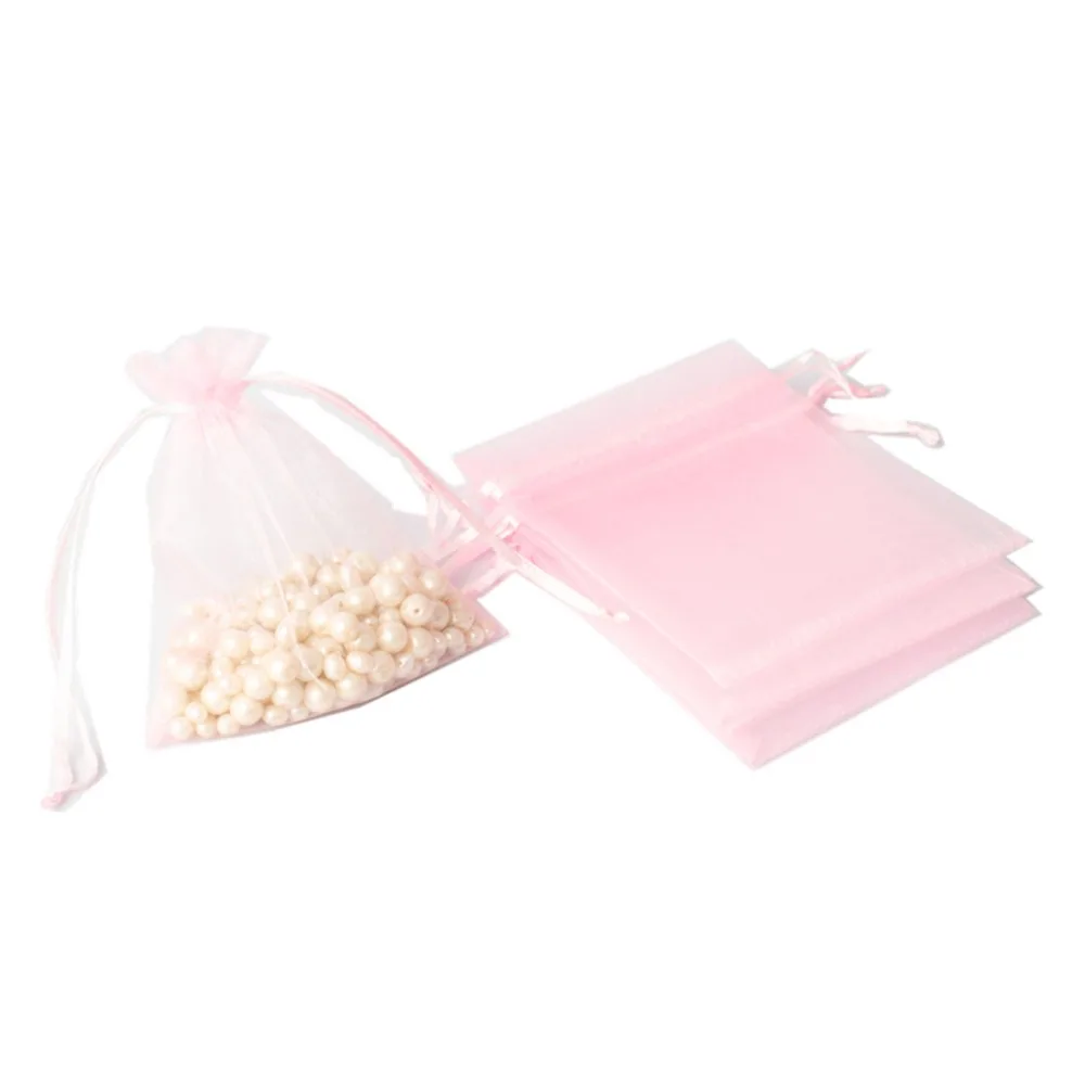 50pcs New 7x9/9x12/10x15cm Drawstring Pouches Pink Solid Color Gifts Bags Mesh Jewelry Packaging Wedding