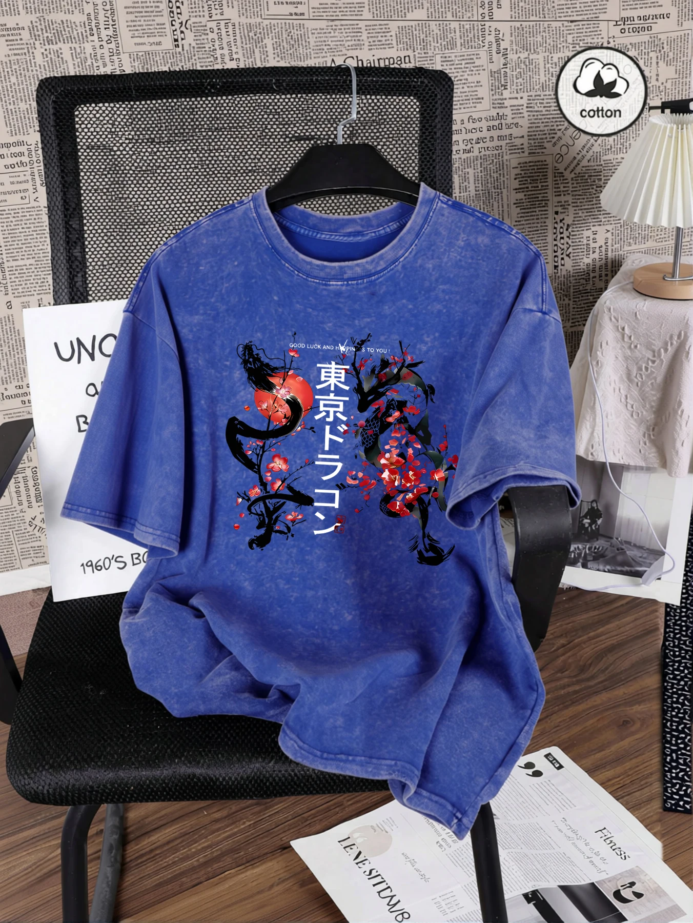 Tokyo Harajuku Dragon Cherry Blossom Print Women Washed T-Shirts Summer Cotton T Shirt Y2K Loose Short Sleeves Vintage Clothes