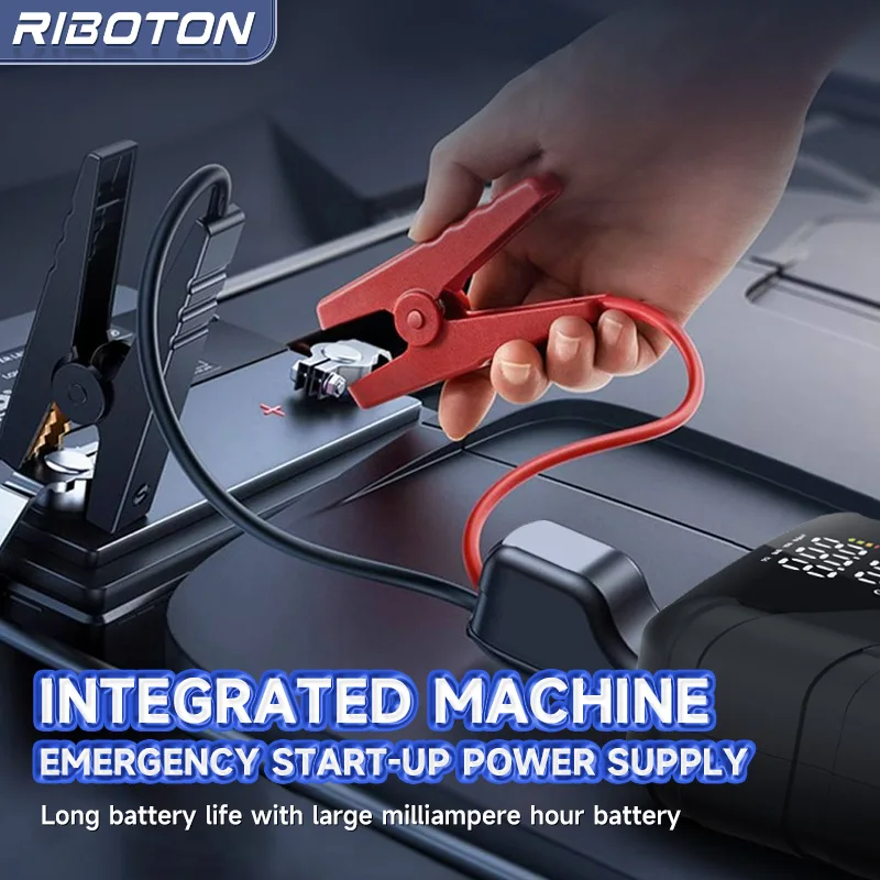 Batteria a lunga durata, pompa di gonfiaggio portatile per pneumatici a LED, avviamento con ponticello batteria di emergenza e compressore d'aria 2 in 1