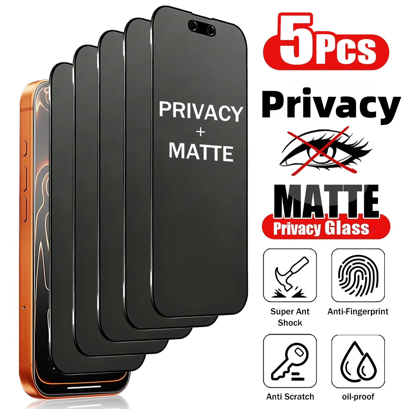 

5 Pcs Matte Privacy Tempered Glass Screen Protectors Compatible with iPhone 17 Pro Max/17 Pro/17/16 Pro Max/16 Plus/16E/15/15 Pr