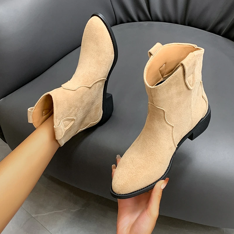 

Winter Classic Chelsea Boots for Women Real Suede Pointy toe Wedges heel Ankle Boots Simple Comfortable Cowboy Boots female 2023