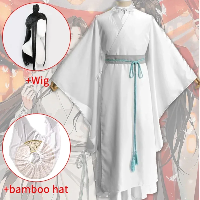 Anime Tian Guan Ci Fu Xie Lian Cosplay Costume Wig Bamboo Hat Prop White HanFu Outfit Xie Lian Uniform Halloween Costumes