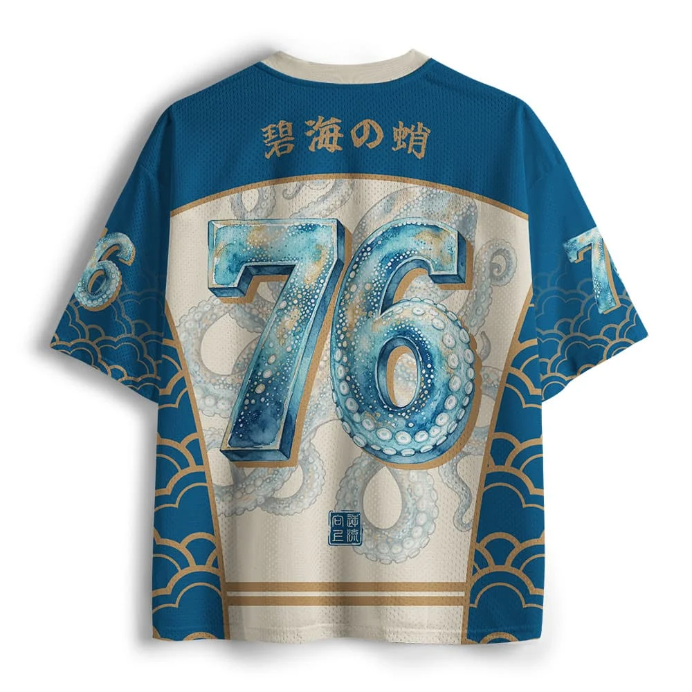 Japanese Ocean Octopus Printed Mesh Ice Hockey Jersey Unisex Ukiyo-e Ocean Art V-neck Loose Short Sleeve Retro