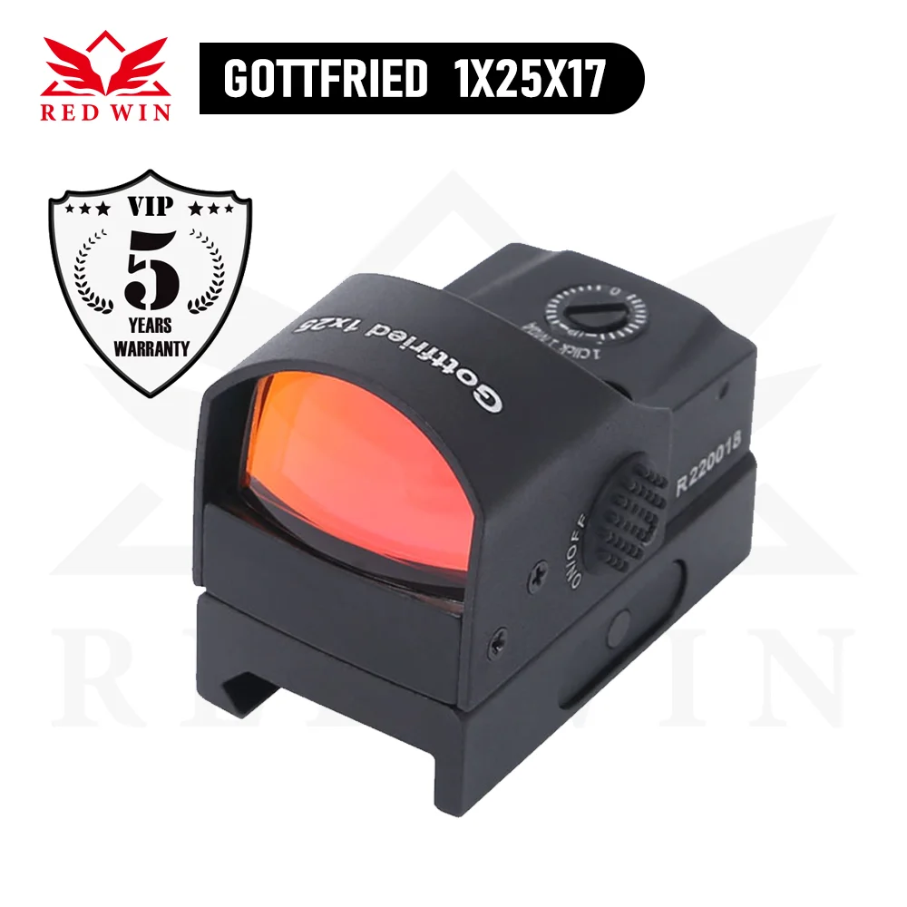 

Red Win IPX6 4MOA Red Dot Mechanical Adjust 60 Mins Auto Turn OFF 8 Level Red Illumination Gottfried 1x25 Red Dot Reflex Sight