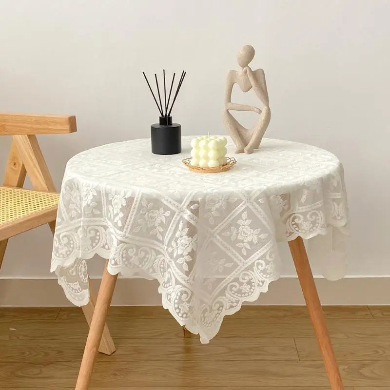 White Polyester Tablecloth Vintage Lace Pattern Stain Resistant Durable for Outdoor Picnic Family Gathering Table Cover