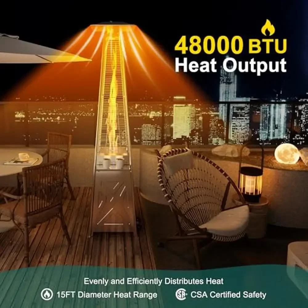 Outdoor Pyramid Patio Heater 48000 Btu Propane Heater Glass Tube Flame Safety Cover Wheels