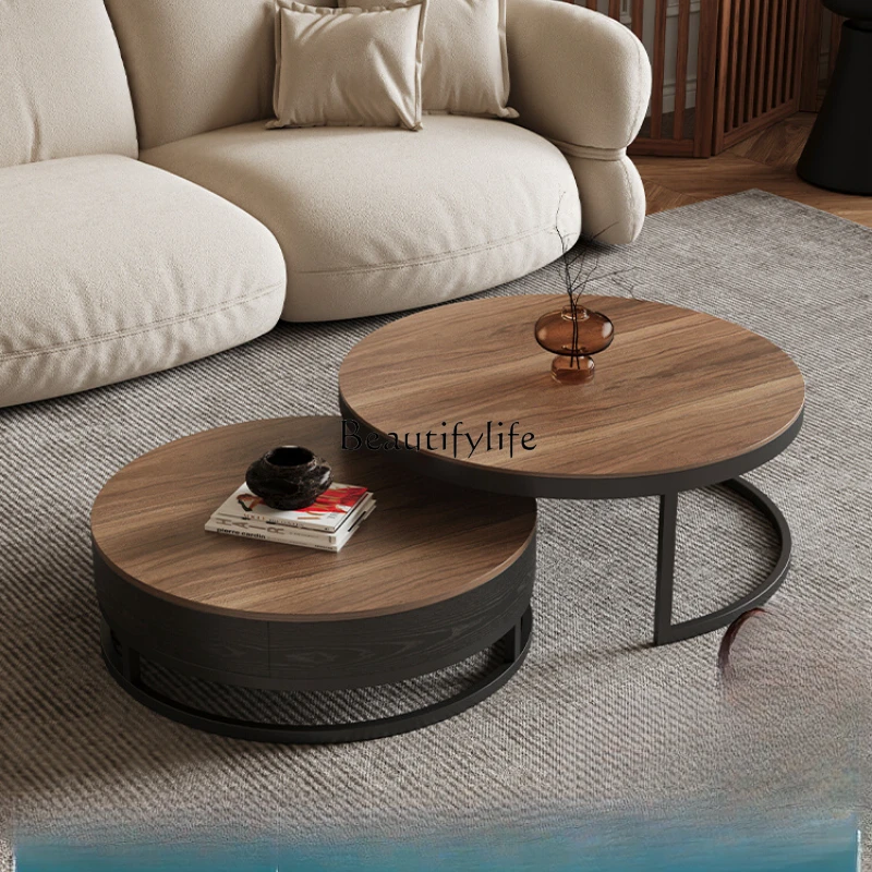 

Wabi-sabi Italian round walnut color coffee table living room modern simple side table