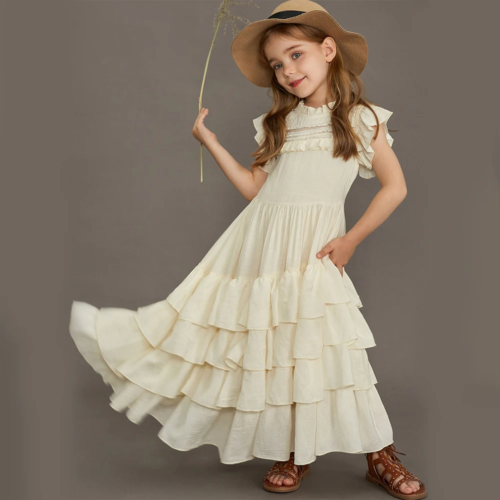 

5-14Y Girl's Beige Ruffle Layer Long Dress Princess Dress Daily Party Bohemian Cake Dresses Vacation Hollow out Elegant Clothes