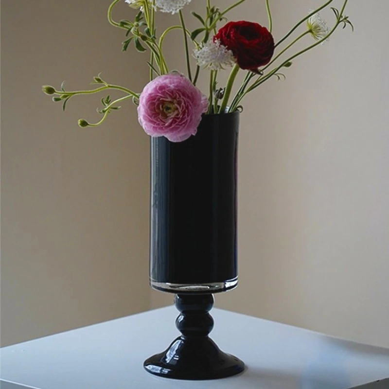 Minimalist Vase Retro Elegant Desktop Vase Living Room Study Decorative Vases Black Glass Aesthetic Design Vases Decoration