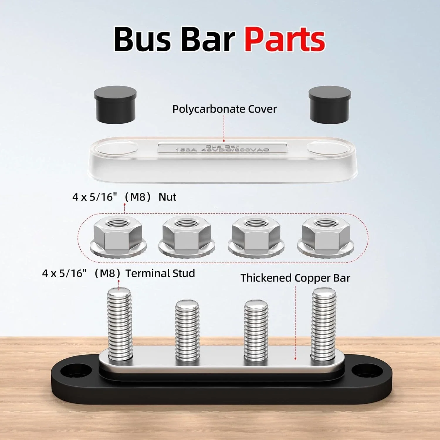 Bus Bar 12V 150A Mini Power Distribution Block with Cover 4 x 5/16\