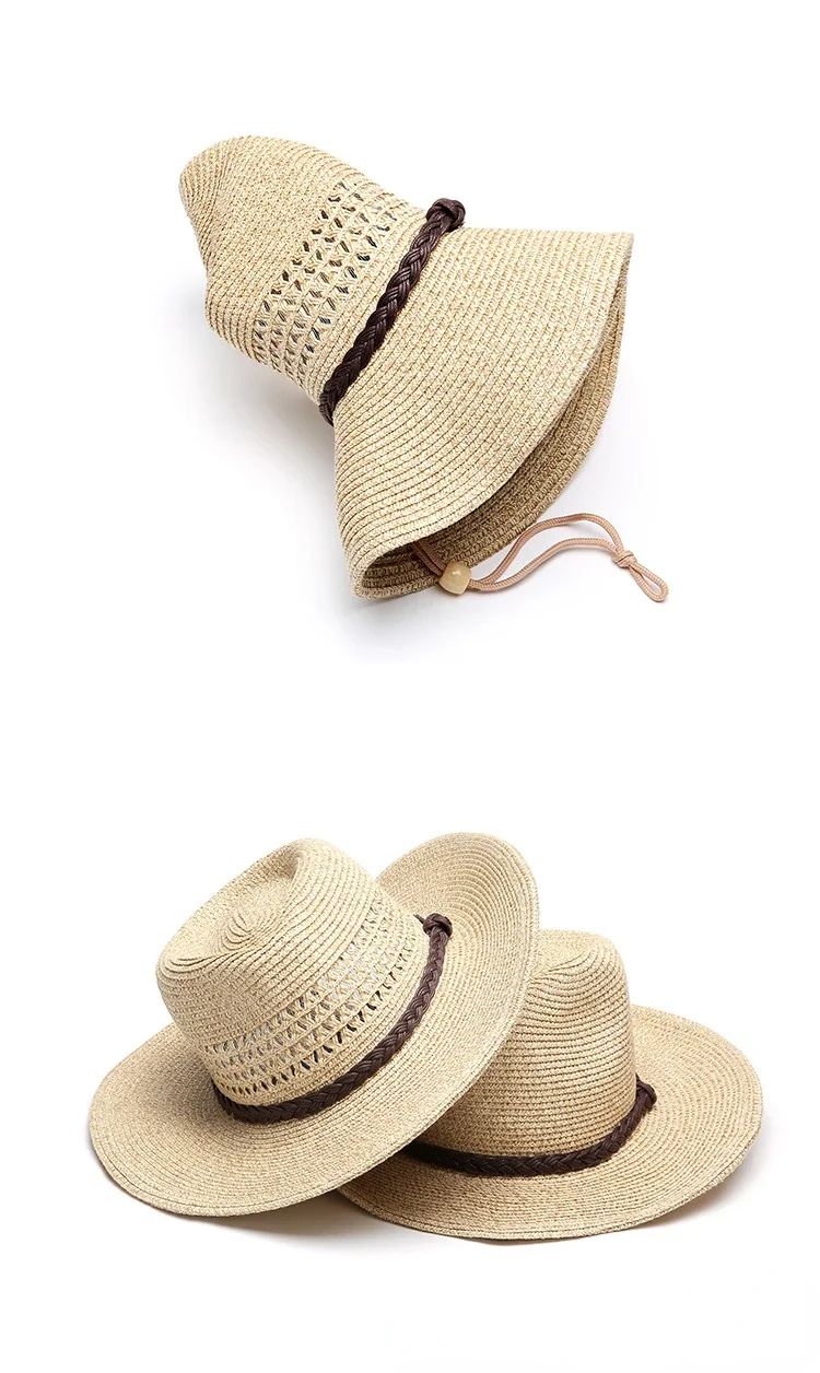 New XL Big Size 62cm Panama Jazz Straw Hat for Women Men Dig Out Summer Beach Sun Hat Windproof Folding Rope UV Protection Hat