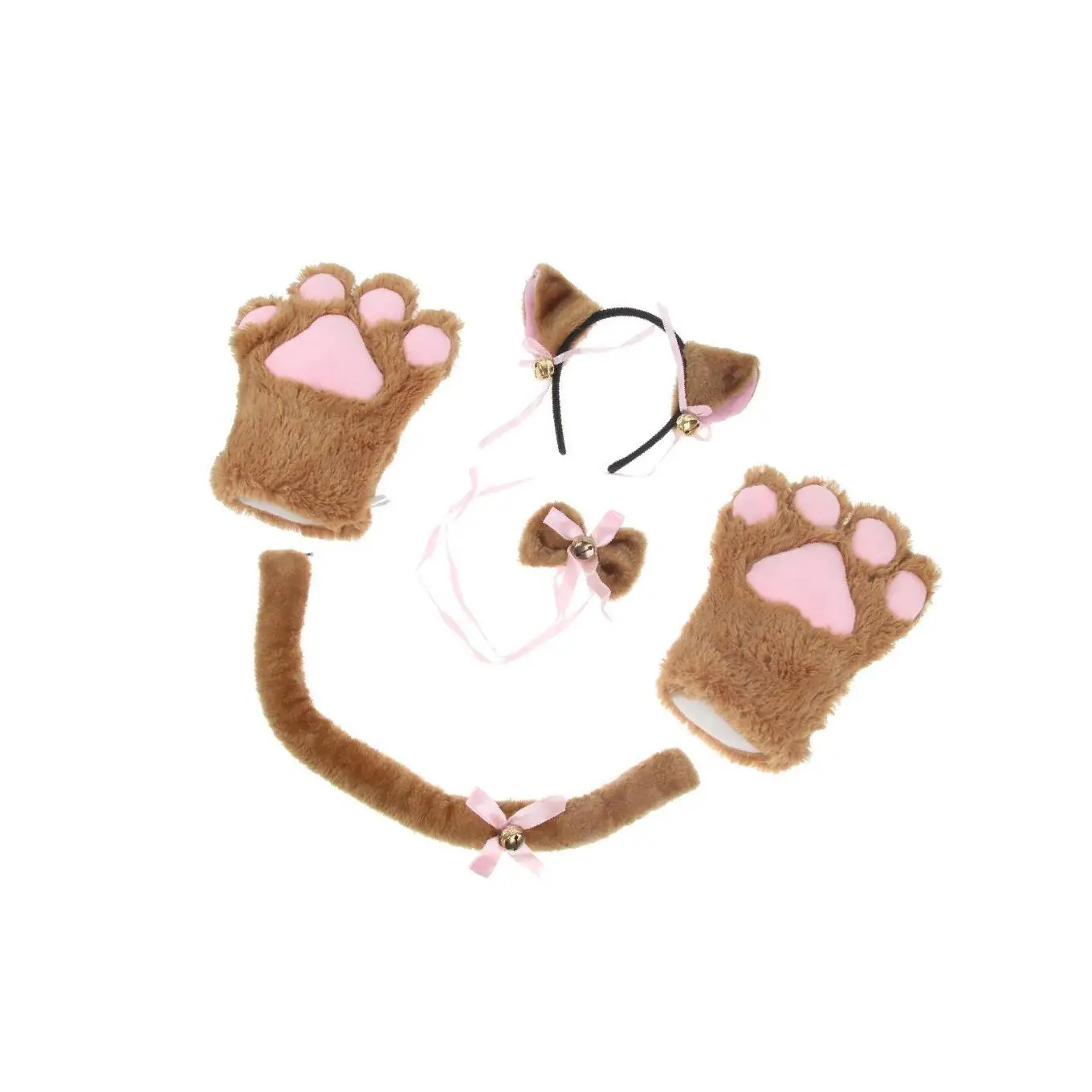 

Cat Cosplay Set Plush Gloves Kitten Ear Tail Collar Paws Party Costume Brown