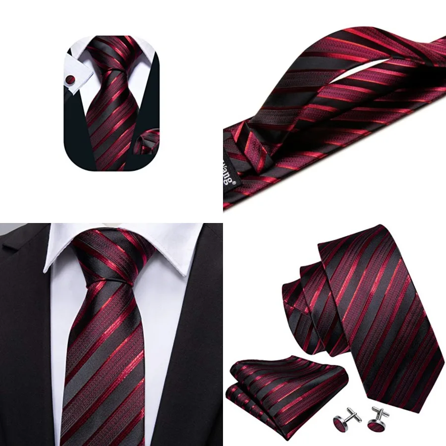 Conjuntos de Corbatas para Hombre, Corbata de Seda a Rayas, Pañuelo a Cuadros, Gemelos, Formal, Negocios, Boda, Negro Rojo