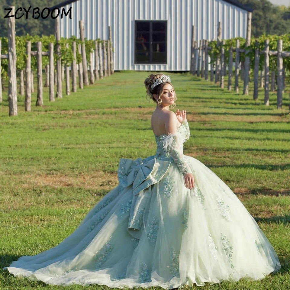 

Роскошное платье Quinceanera без бретелек с милыми цветами и аппликациями с бантом, 2025, бальное платье длиной до пола, с рукавами-перьями, вечернее платье