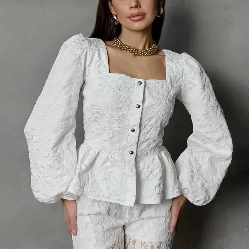 Elegancka moda Żakardowy splot Solidne bluzki damskie Puff Sleeve Ruffled Button Shirts Office Ladies Square Collar Top