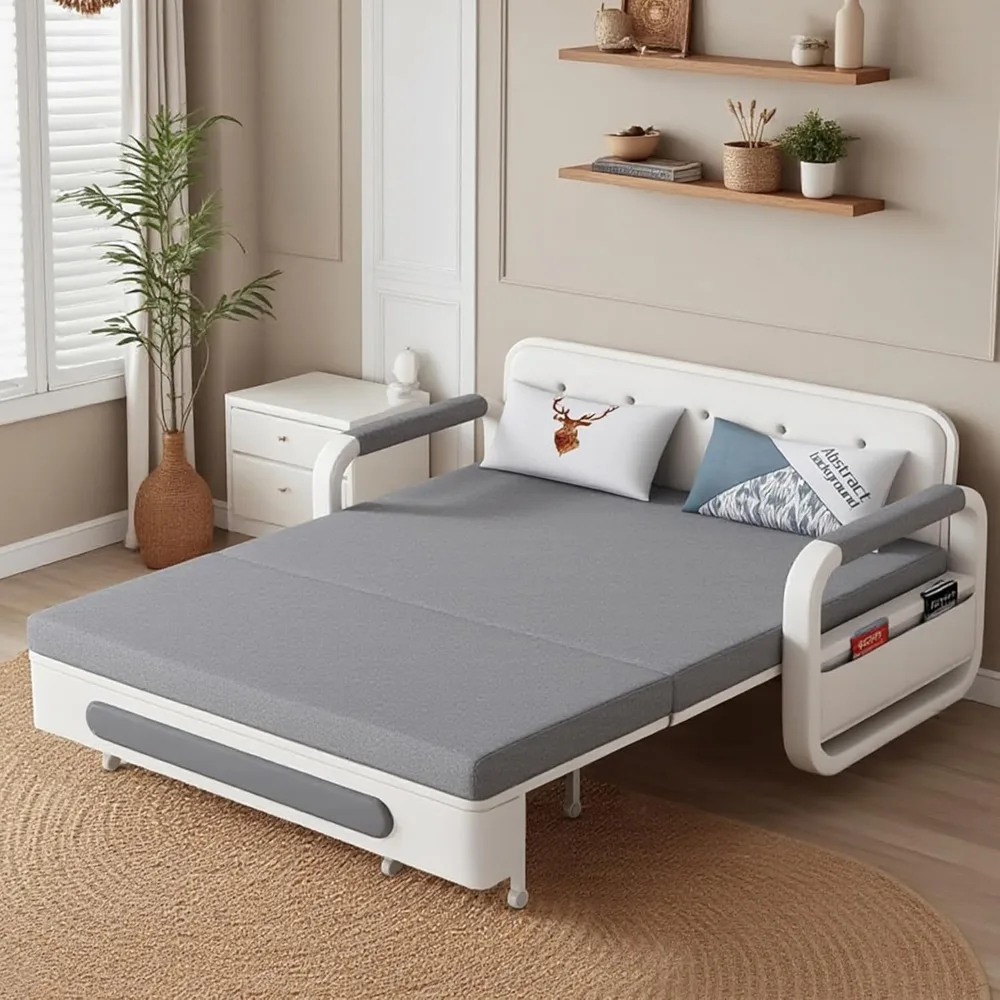 أريكة نهارية قابلة للسحب بالحجم الكامل مع دولاب، أريكة فوتون متعددة الاستخدامات مع وظيفة النوم، مسند ذراع معدني ومساحة تخزين #5